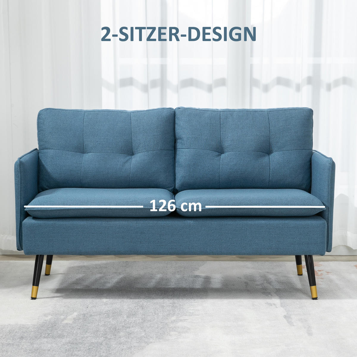 2 Sitzer Sofa, Couch mit Dickem Kissen, Leinenoptik, Polstersofa mit Stahlbeine - Blau, Kunststoff (68/80/139cm) - HOMCOM