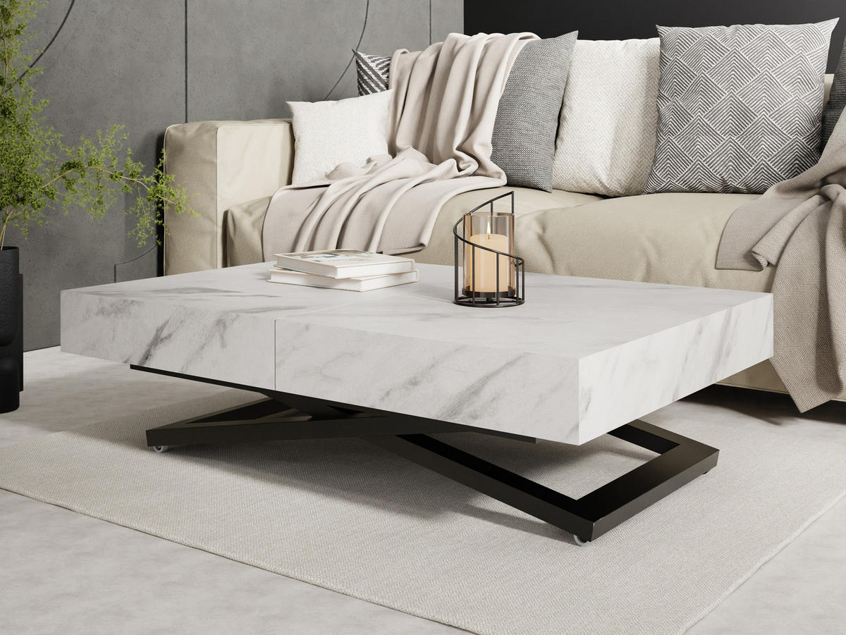 COUCHTISCH Cavetta U höhenverstellbar ausziehbar, Marmor Weiß 120-200/80/27-76 cm - Ecru/Schwarz, Holzwerkstoff/Metall (80/120/76cm) - WFL GROUP