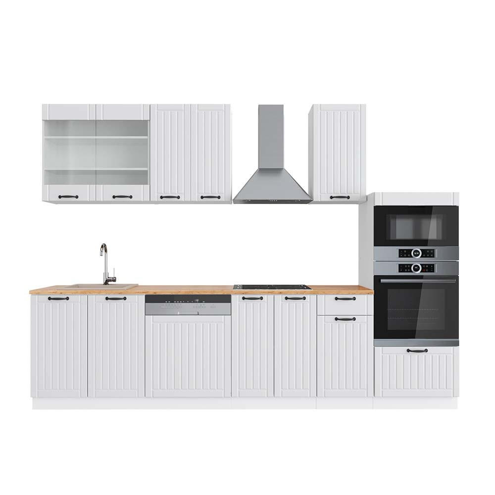 KÜCHENZEILE Fame-Line Weiß Landhaus/Weiß 300 cm mit Hochschrank, AP Eiche - Weiß, Holzwerkstoff (300/153.6/60cm) - Vicco