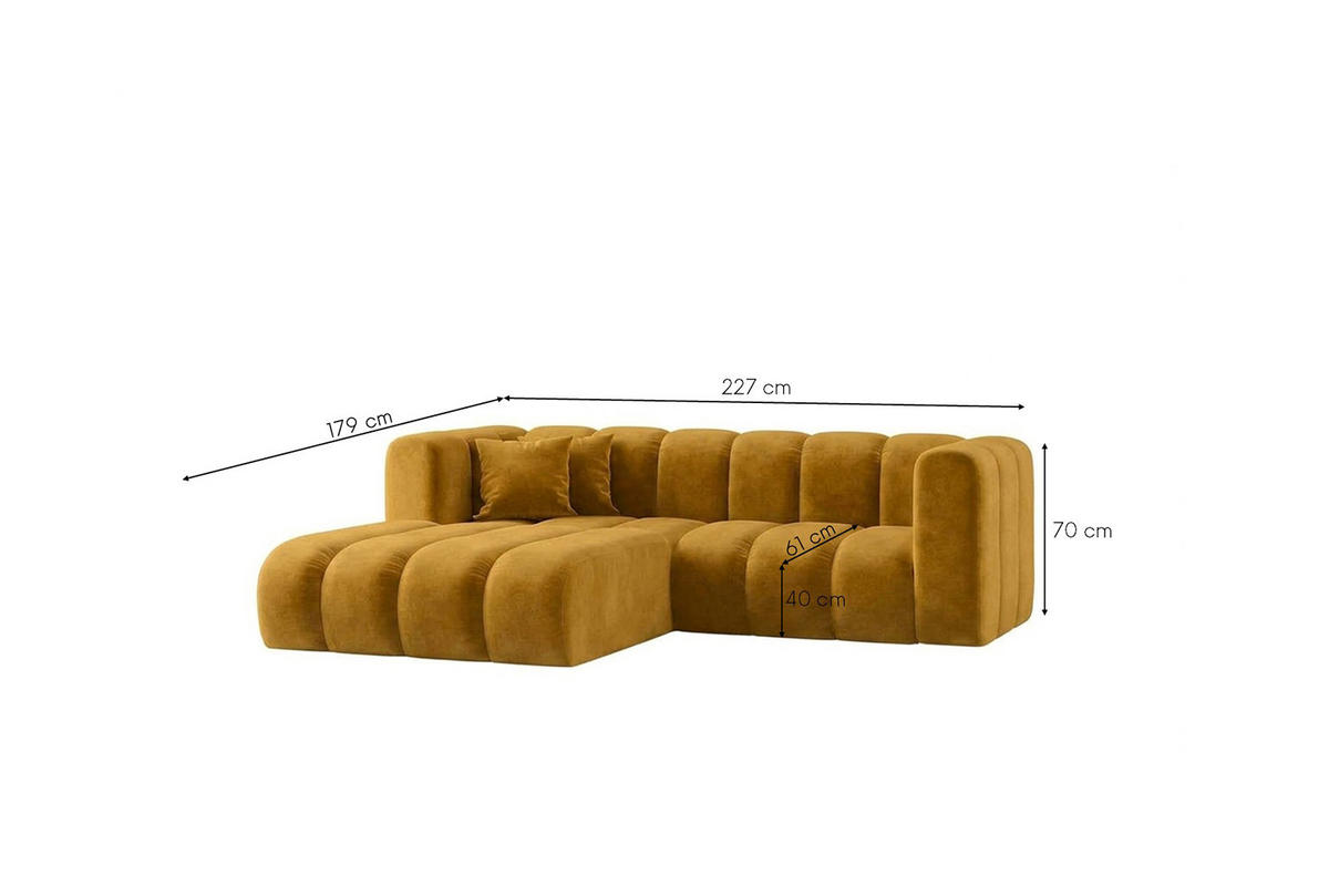 ECKSOFA Modulares In L-Form, Velvet-Stoff Riviera, Senffarbe, Links, GRAND - Gelb, Holz (227/179cm) - Kaiser Möbel