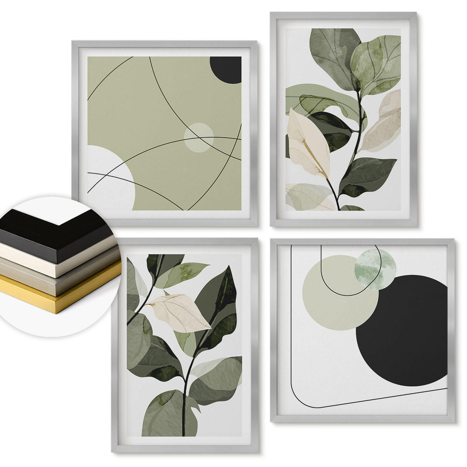 WANDBILDER 4er Set - 50x50 cm & 40x60 cm Silberner Rahmen - Abstrakte Darstellung gemalter Blätter - Silberfarben, Kunststoff (50/50cm) - ArtPrintCave