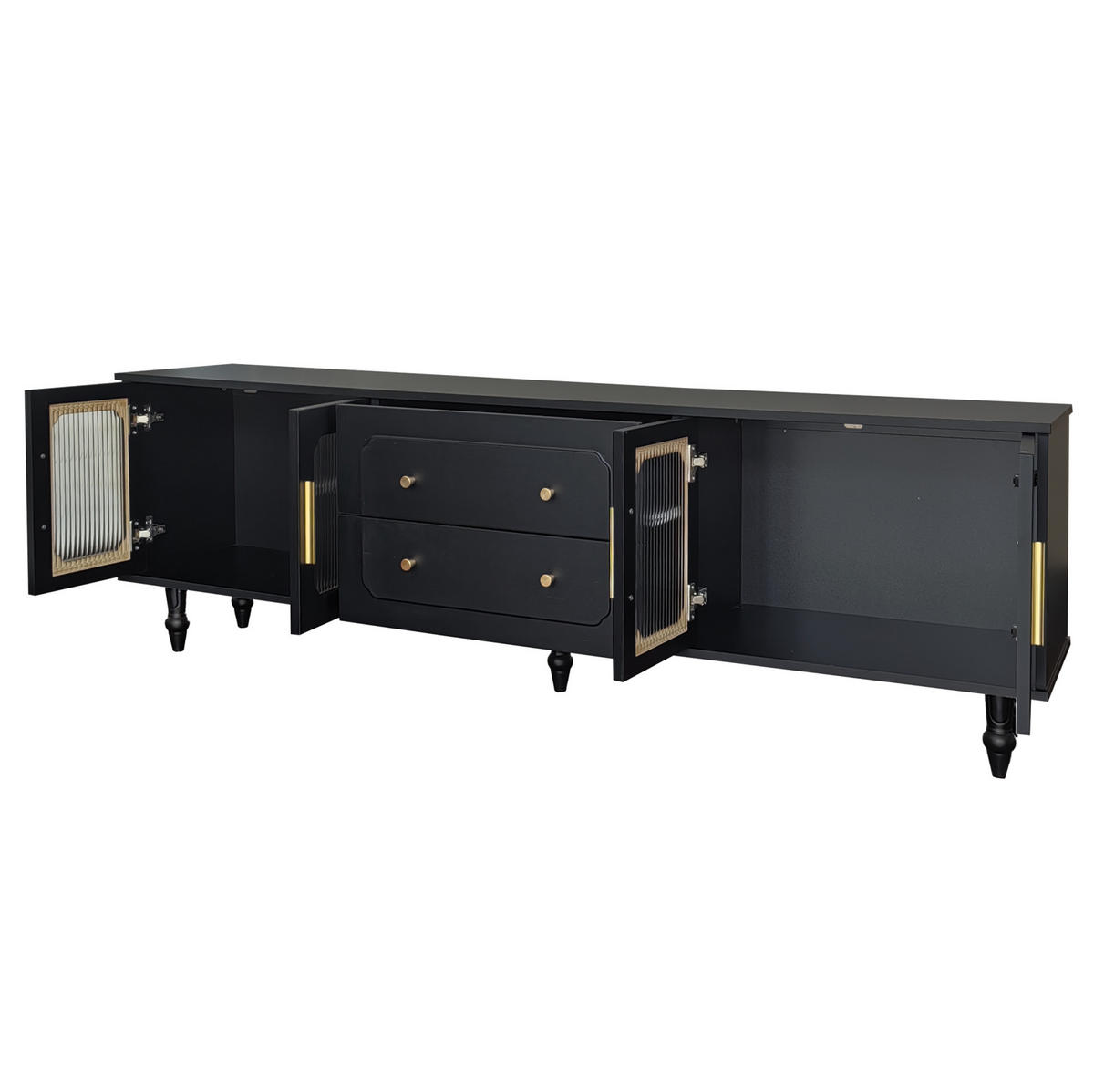 TV-LOWBOARD aus Spanplatte 175x38x55 cm Schwarz mit Riffelglastüren und Schubladen - Schwarz, Holzwerkstoff (175/55.5/38cm) - IVMEU