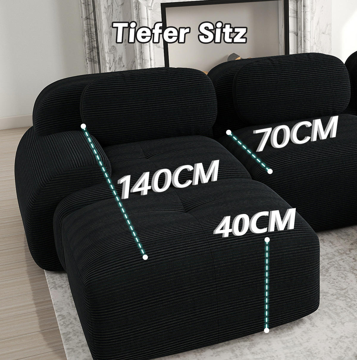 ECKSOFA modular, rahmenlos, mit geschwungenen Armlehnen und Cordbezug, Schwarz - Schwarz, Textil (208/178cm) - Redom