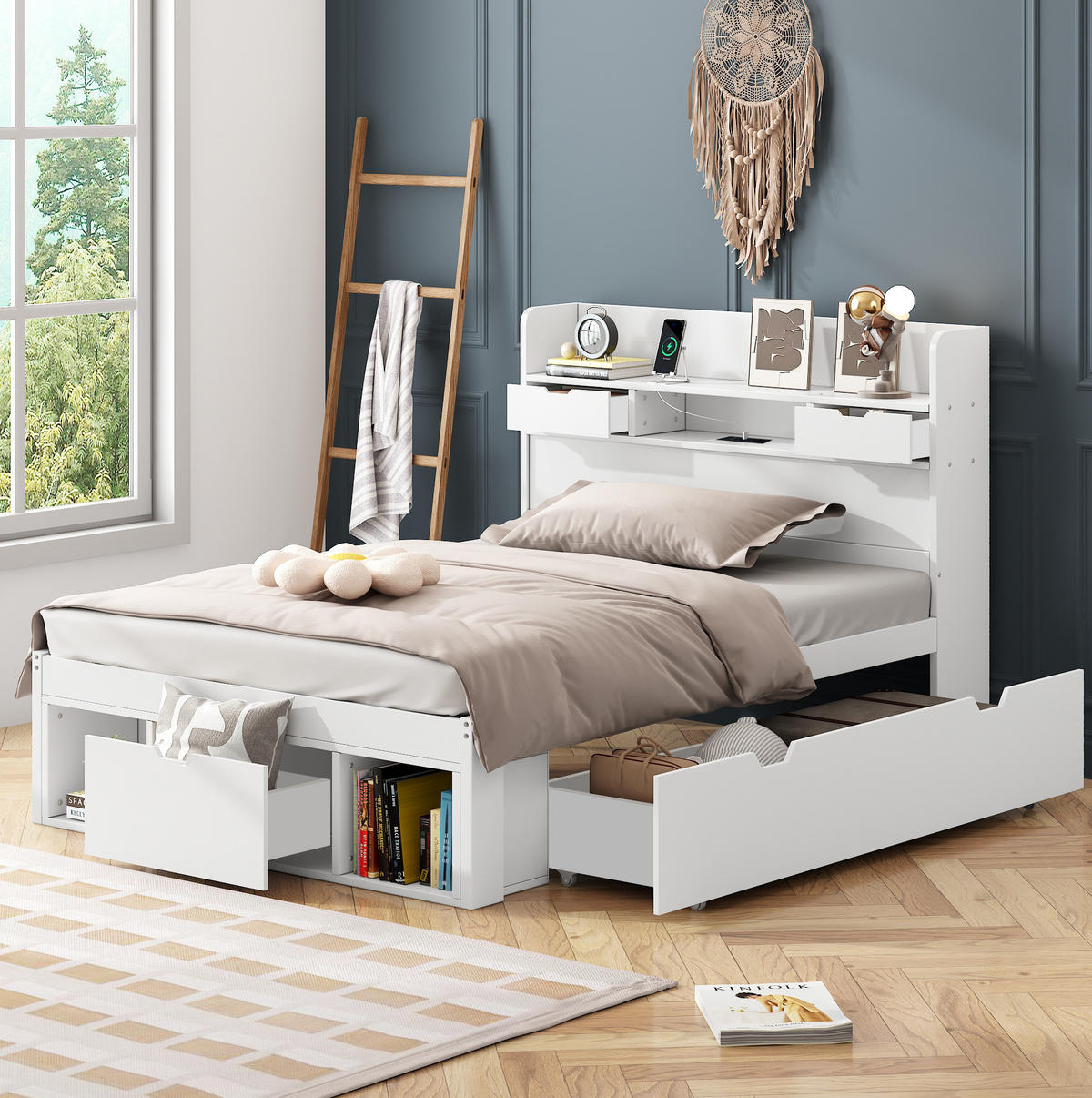 EINZELBETT 90/200 cm Weiß aus Kiefer mit USB-Anschluss und Stauraum - Weiß, Holz (90/200cm) - OKMYHOME