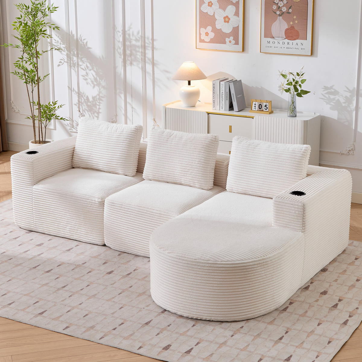 ECKSOFA 258/171/62.5 cm Beige mit 3 Kissen und 2 Getränkehalter - Beige, Textil (265/176cm) - Oxeza