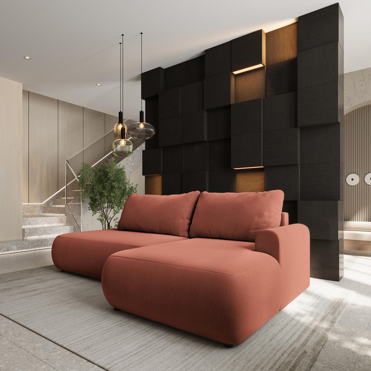 ECKSOFA NUVIRA CL R-S Koralle Samtstoff mit Schlaffunktion - Koralle, Holzwerkstoff/Textil (279/158cm) - MASSENO