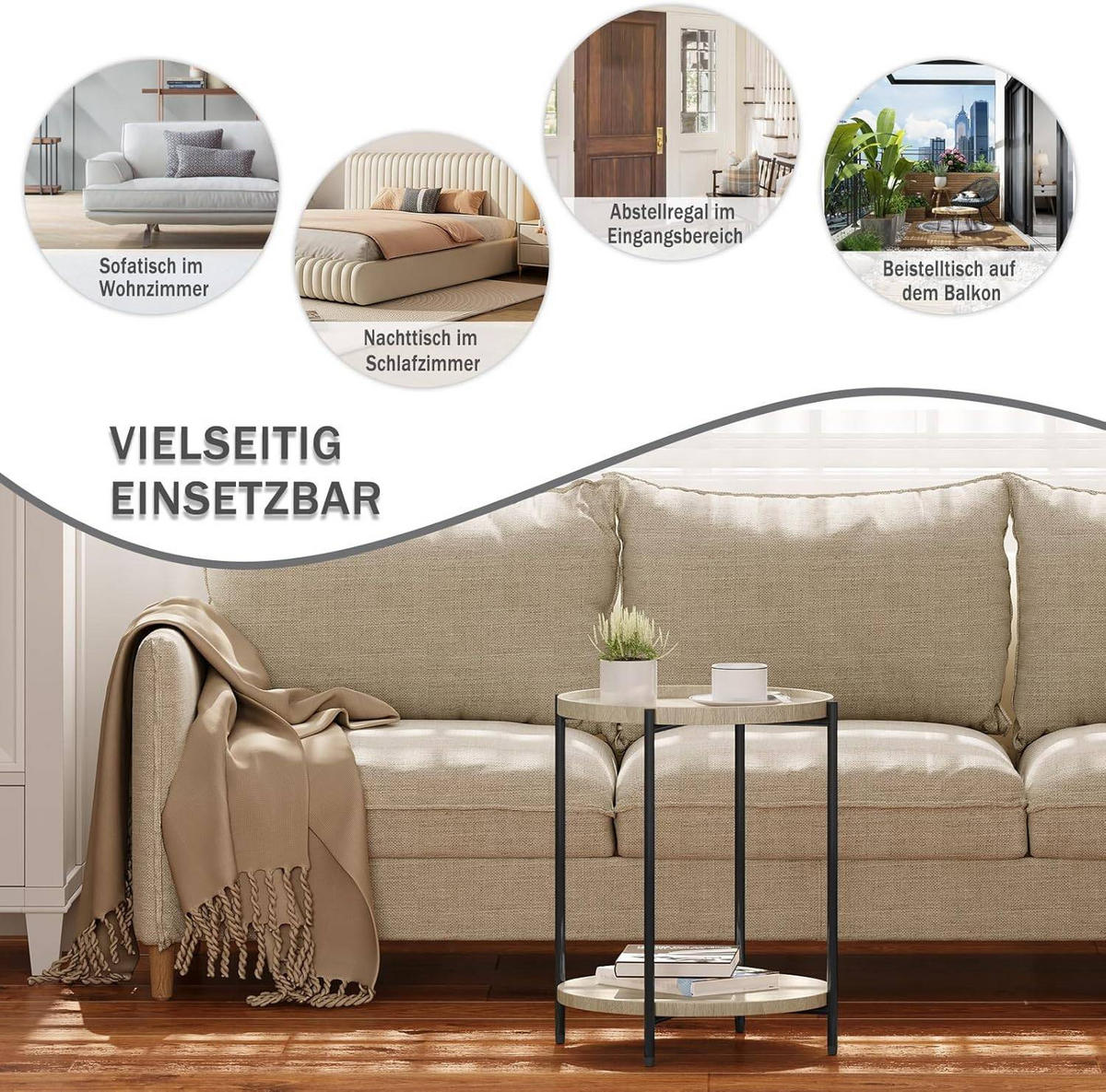 COUCHTISCH rund, mit 2 Ablagen, Helle Eiche - Eichefarben/Schwarz, Holzwerkstoff/Metall (43/43/51cm) - Woltu