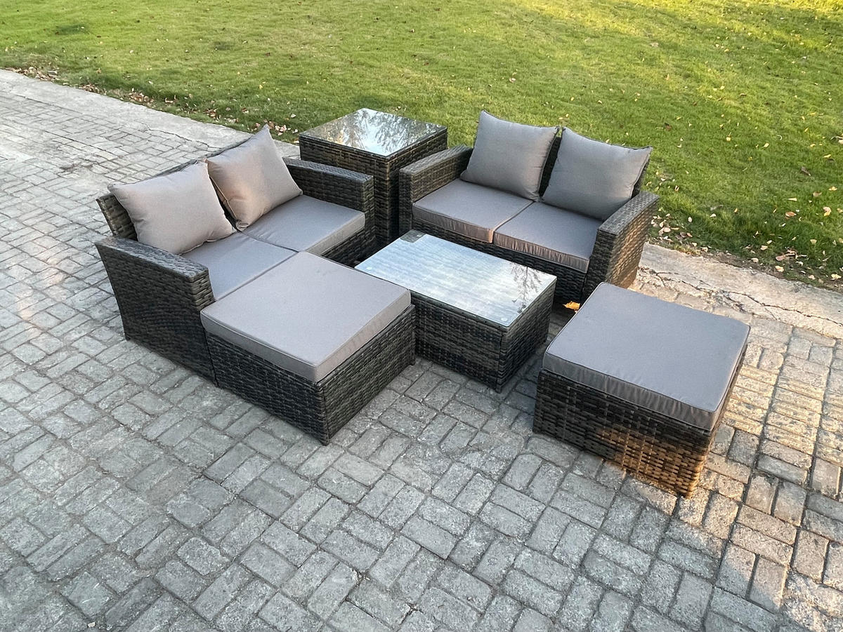 GARTENMÖBEL SET MIT BEISTELLTISCH COUCHTISCH 2 HOCKER Polyrattan Dunkelgrau Gemischt 6-Sitzer - Dunkelgrau, Metall - Fimous