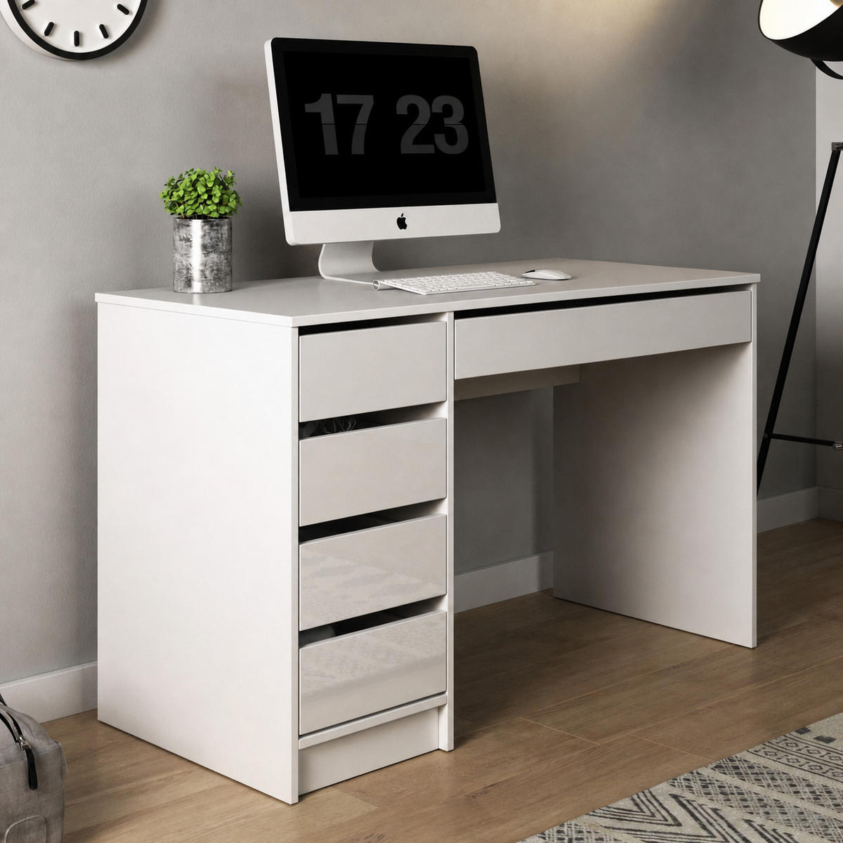 SCHREIBTISCH MIA 120 cm Weiß Hochglanz - mit 5 Schubladen, beidseitig montierbar - Weiß Hochglanz, Holz/Holzwerkstoff (55/120/75cm) - Ravio