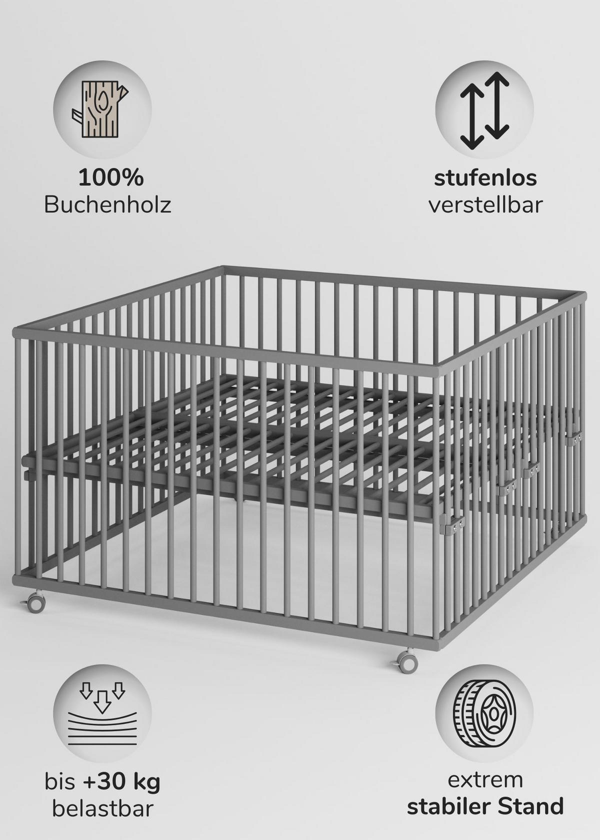 LAUFGITTER XXL 120x120 cm mit Matratze SleepPlus, Lattenrost & Schlupfsprossen - grau - Premium Kollektion - Grau, Holz (120/74/120cm) - Sämann – make a difference.