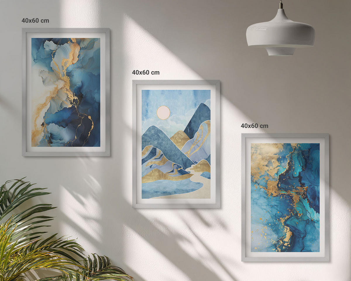 WANDBILDER 3er Set - 40x60 cm Silberner Rahmen - Abstrakte Muster der Blue Mountains - Silberfarben, Kunststoff (40/60cm) - ArtPrintCave