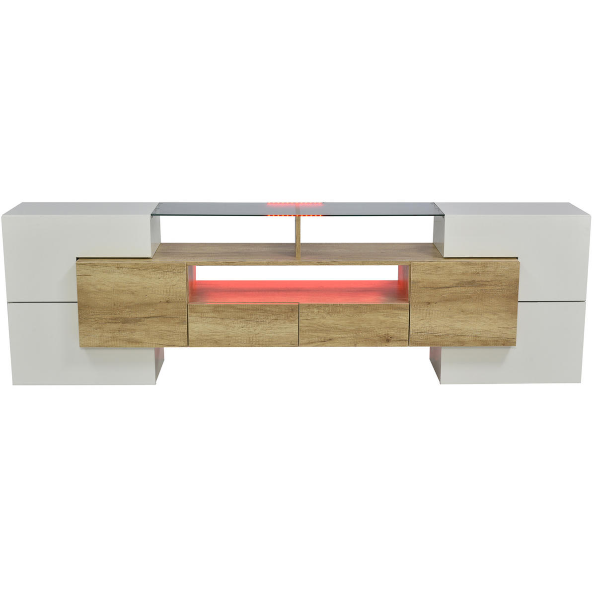 LOWBOARD 200/35/60 cm in Hochglanz Weiß und Holzfarbe mit LED-Beleuchtung - Weiß, Holzwerkstoff (200/60/35cm) - Flora Grace