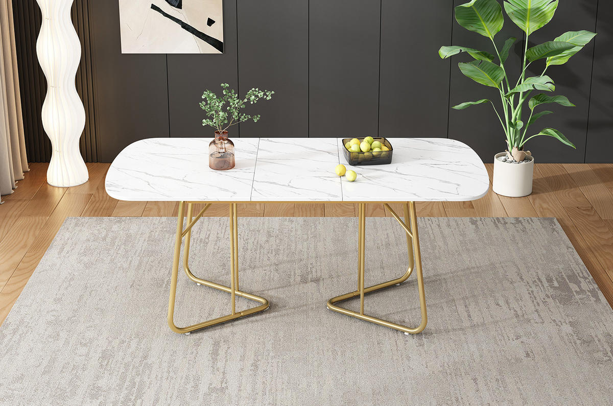 ESSTISCH 140/180/80 cm in Weiß mit Marmoroptik und goldfarbenen Metallbeinen - Schieferfarben, Holzwerkstoff (180/80/75cm) - Flora Grace