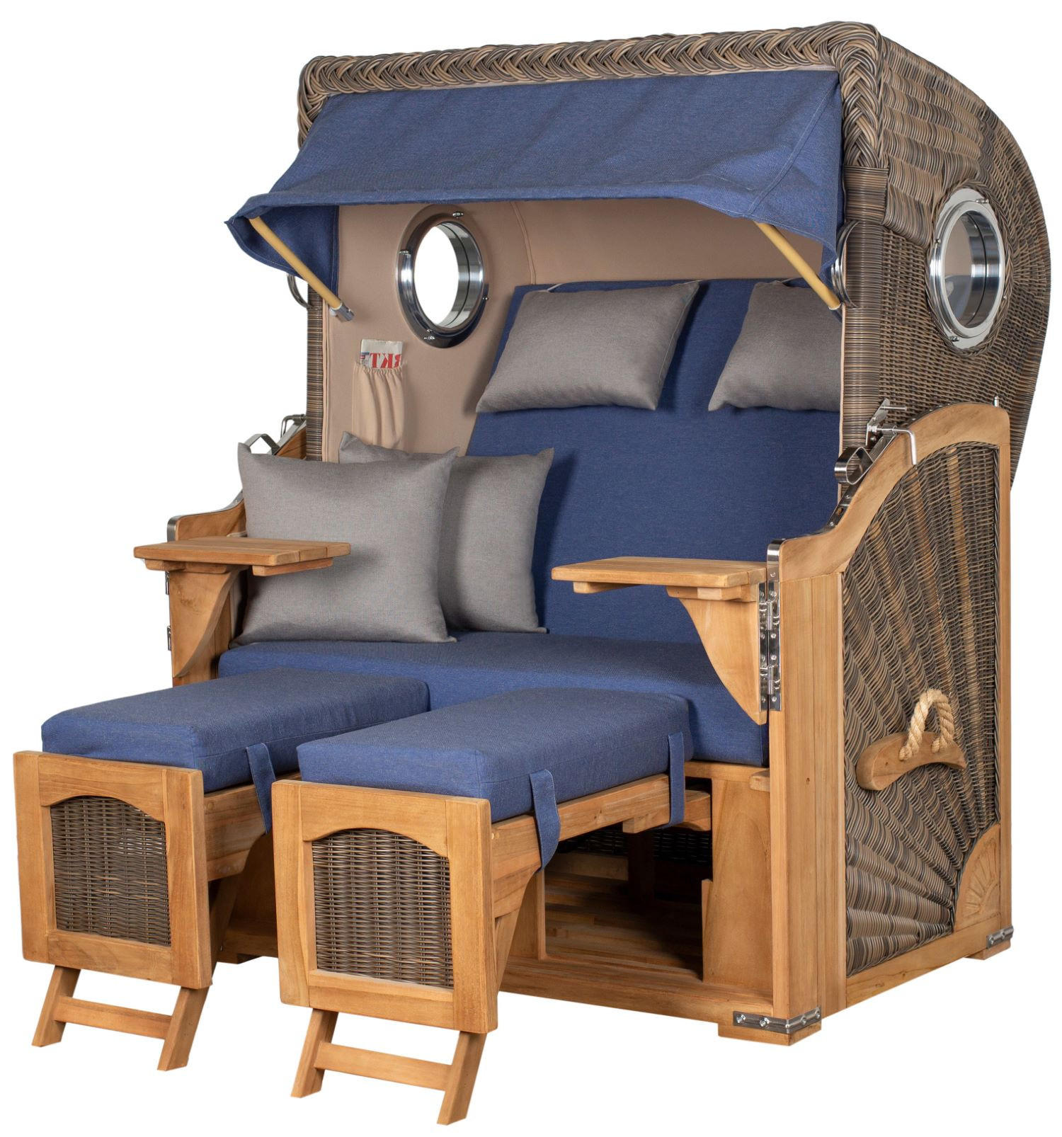 STRANDKORB Komplettset: Ammersee Teak Bullauge - PE grau - Modell 595 - Blau/Grau, Holz/Kunststoff (125/165/80cm) - bene living