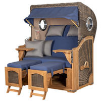 STRANDKORB Komplettset: Ammersee Teak Bullauge - PE grau - Modell 595 - Blau/Grau, Holz/Kunststoff (125/165/80cm) - bene living