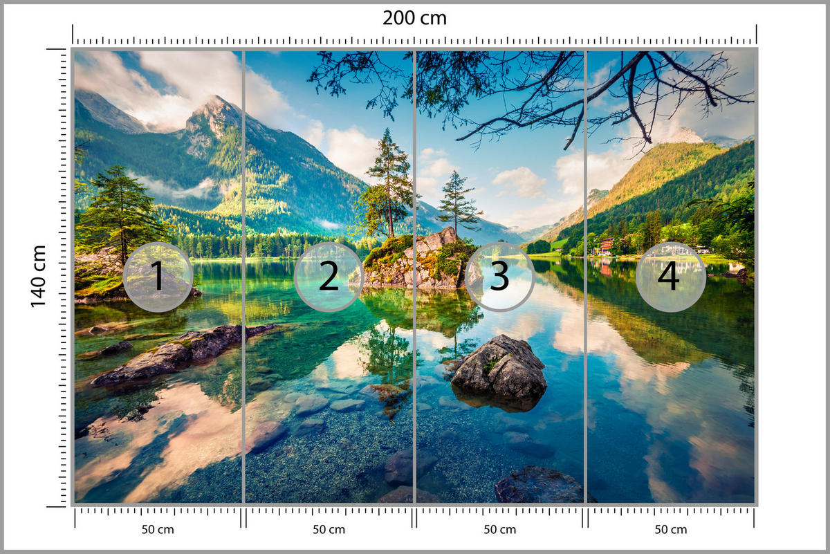 FOTOTAPETE für Schlafzimmer Bergsee Nadelbäume Felsen Natur Landschaft 200x140 - Türkis/Beige, Papier (200/140cm) - Muralo