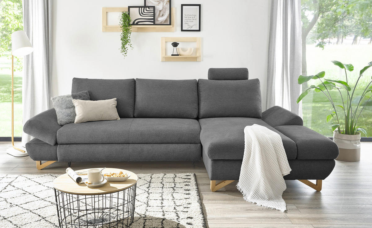 ECKSOFA grau Struktur-Stoff, Sofa mit Bettfunktion und Stauraum 284 cm - Grau, Holz/Textil (284/166cm) - Furn.Design