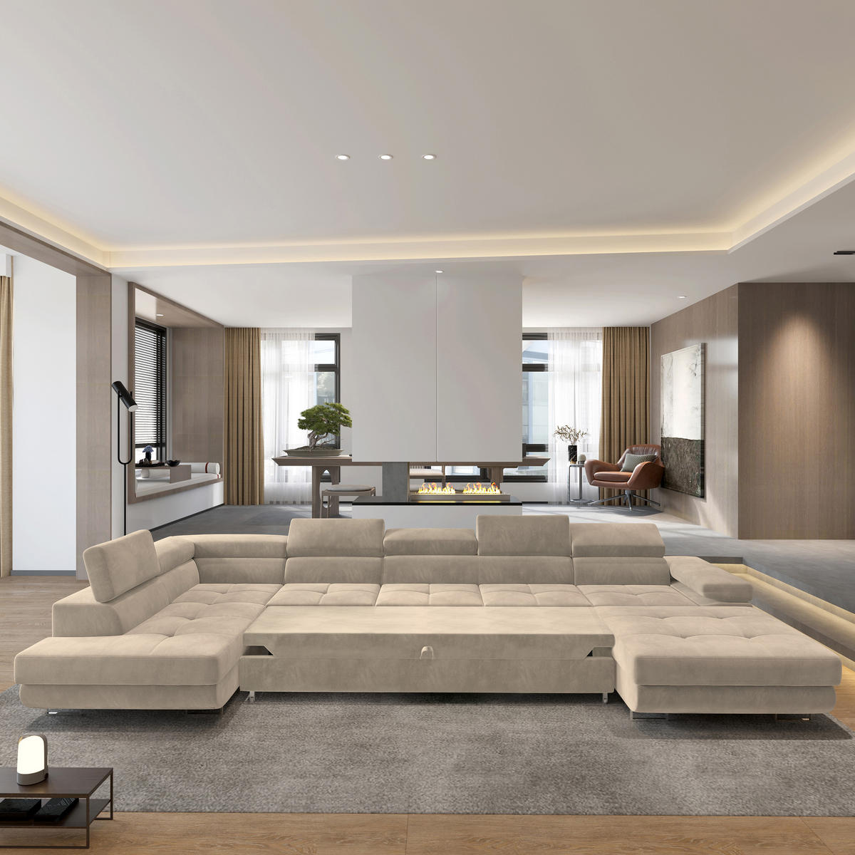 WOHNLANDSCHAFT TORIVA L-S Creme Velours-Stoff mit Schlaffunktion - Creme, Holz (418/90/202cm) - MASSENO