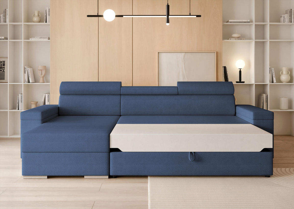 ECKSOFA AISHA mit Schlaffunktion und Bettkasten Marineblau - Dunkelblau, Holzwerkstoff/Kunststoff (250/90cm) - Idohome