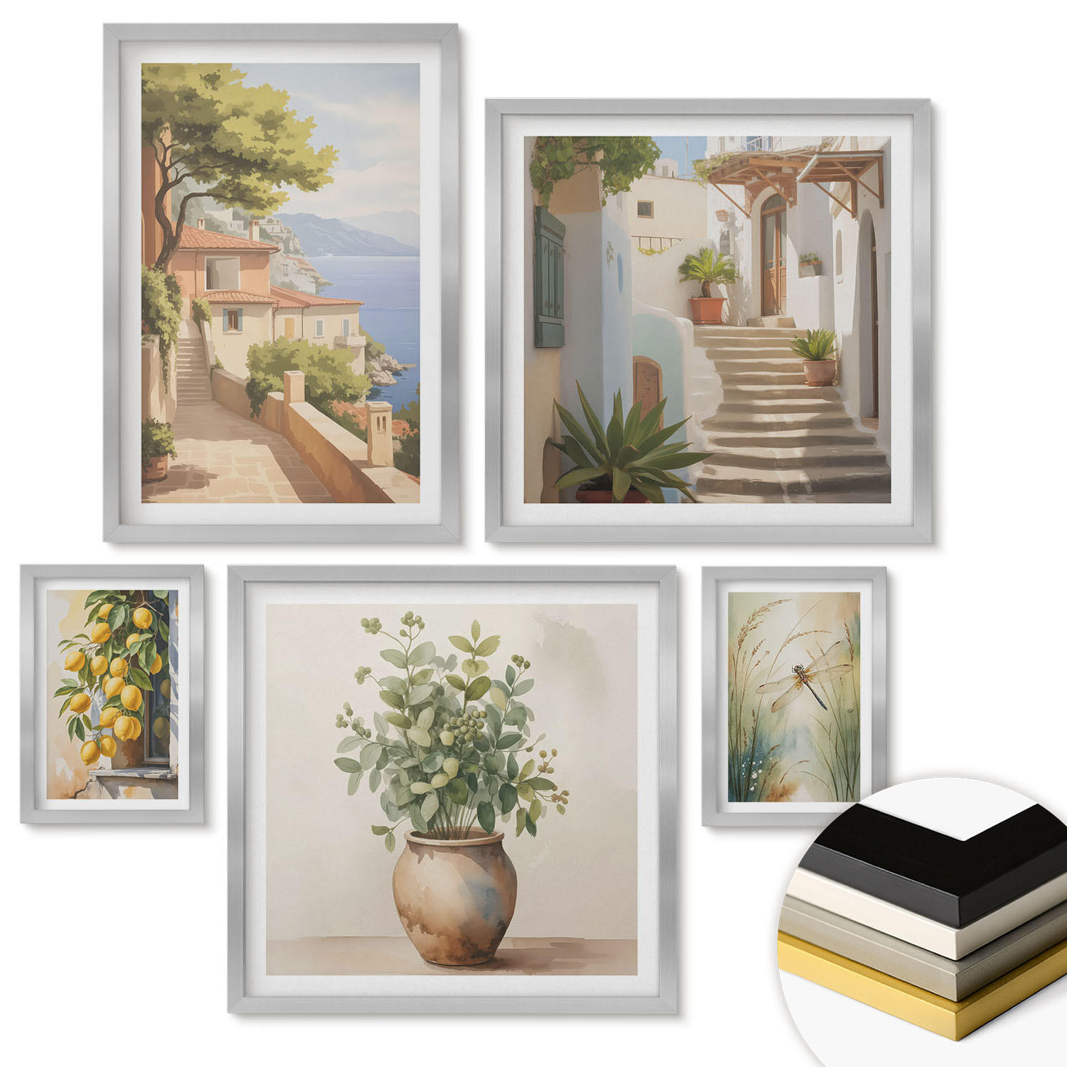 WANDBILDER 5er Set - 50x50 cm & 20x30 cm & 40x60 cm Silberner Rahmen - Architektur der Zitronenstadt - Silberfarben, Kunststoff (40/60cm) - ArtPrintCave
