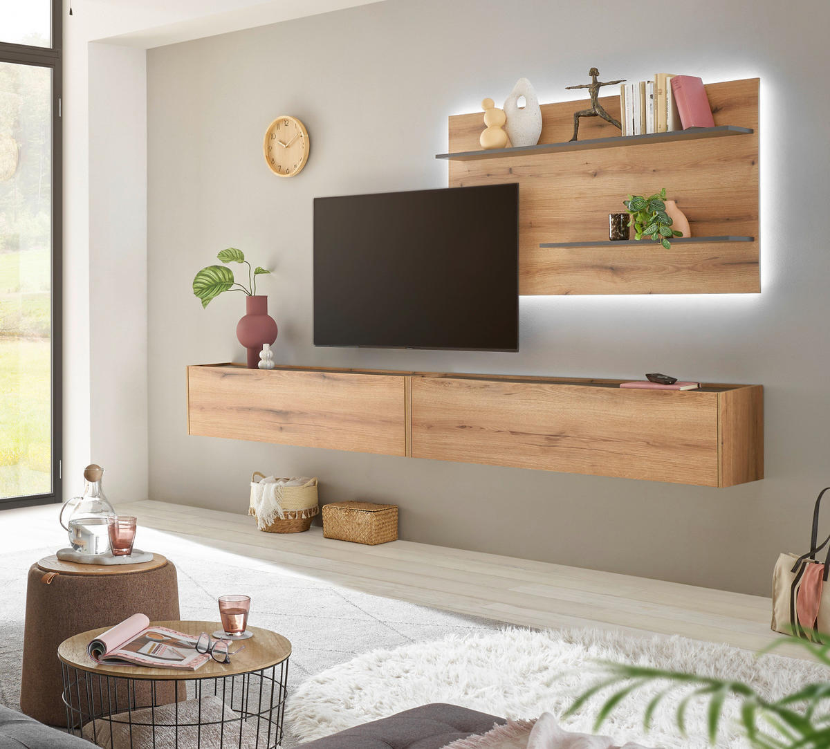 WANDREGAL Eiche Evoke, grau 155 cm, Wandpaneel inklusive LED-Beleuchtung - Naturfarben, Holzwerkstoff (155/80/20cm) - Furn.Design