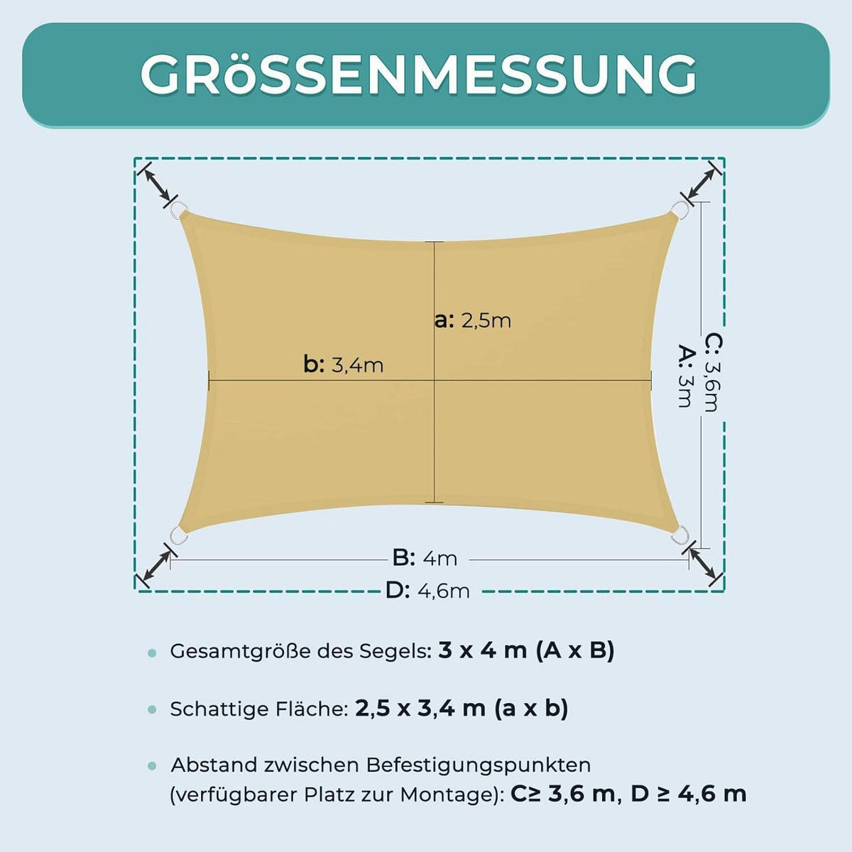 SONNENSEGEL Set 3x4 m wasserdicht UV Schutz Sand - Sandfarben, Textil (3/4cm)