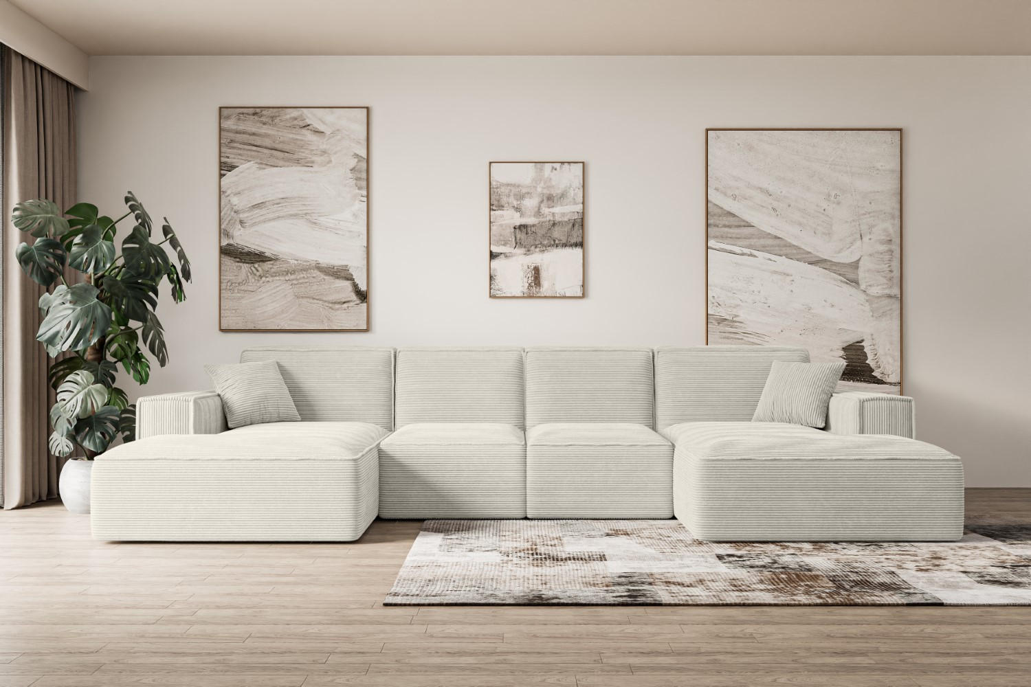 WOHNLANDSCHAFT SIERRA-U - 344x165x73 cm Hellgrau Cord - Hellgrau/Schwarz, Holzwerkstoff/Kunststoff (344/73/165cm) - ALTDECOR