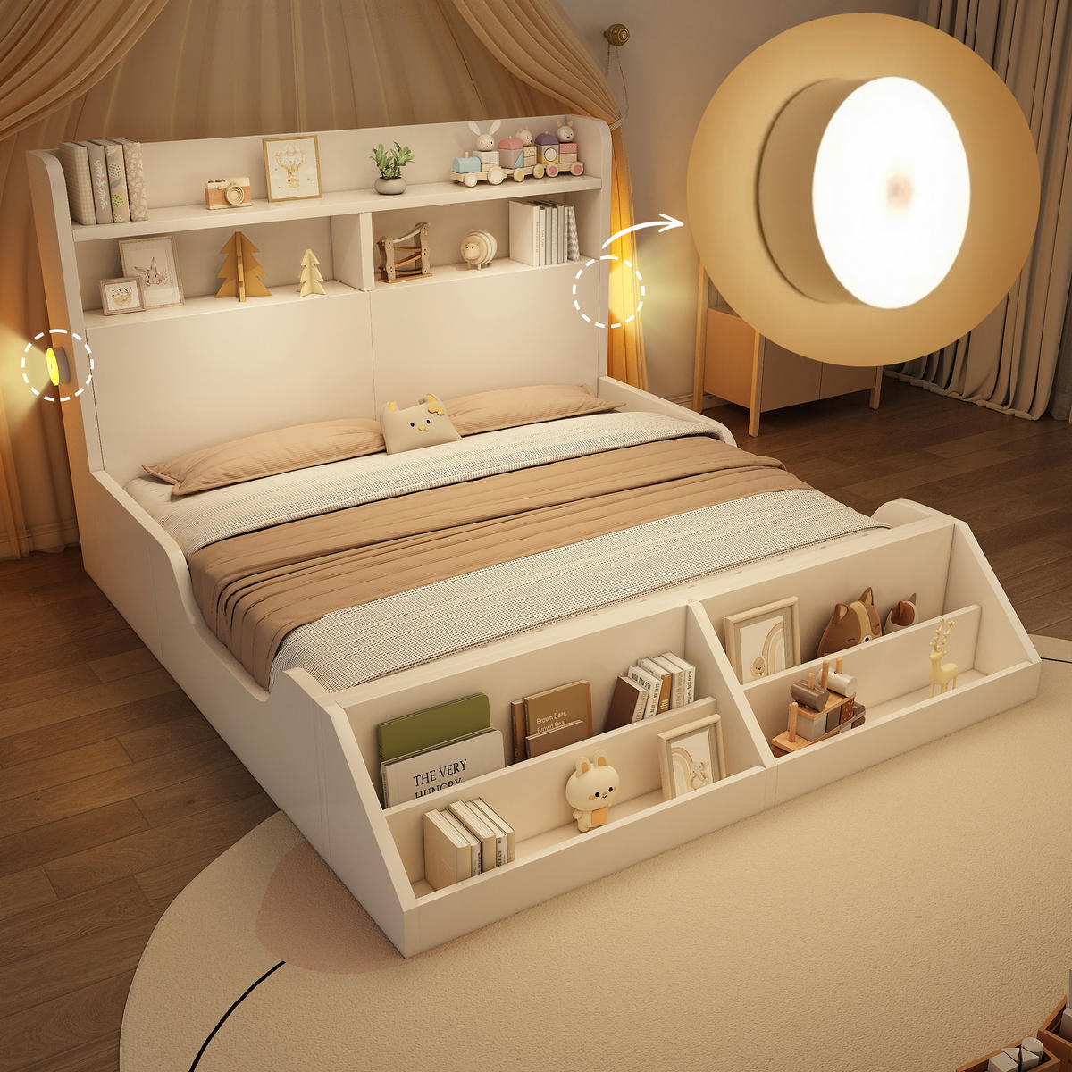 JUGENDBETT 140/200 cm in Weiß mit Regal und LED - Weiß, Holz/Holzwerkstoff (140/200cm) - WISHDOR