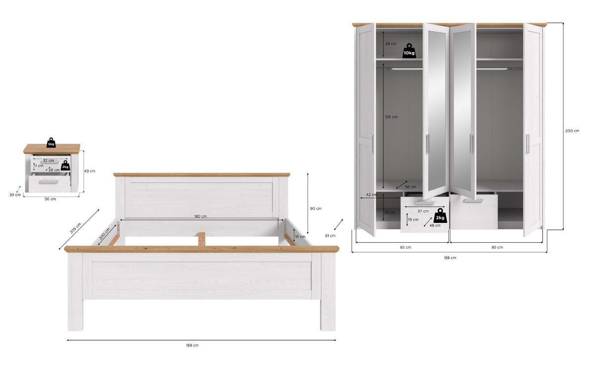 SCHLAFZIMMER weiß Lärche, Eiche Artisan Landhaus, Komplettset mit Bett, Kleiderschrank und Nachttisch - Eichefarben/Silberfarben, Holzwerkstoff/Kunststoff (180/200cm) - Inn.Furn
