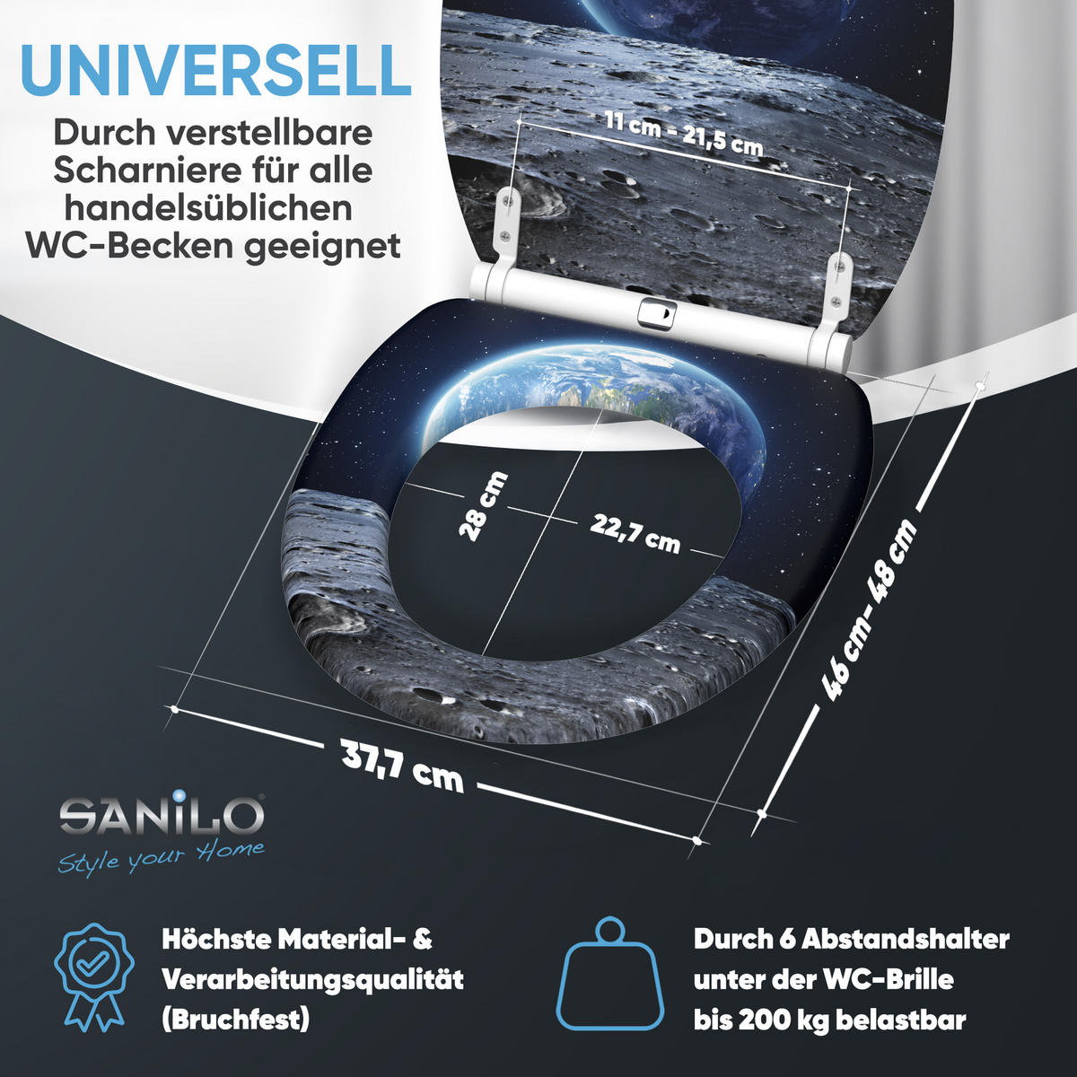 WC-SITZ mit Absenkautomatik & Top Fix Earth - Schwarz, Holzwerkstoff (37.7/5.5/48cm) - Sanilo