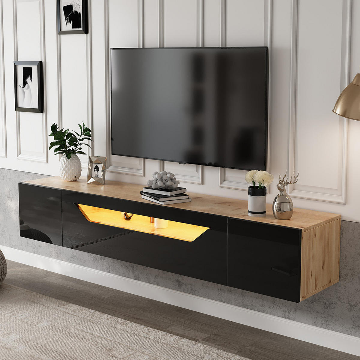 TV-SCHRANK 180x37cm wandmontierbar Hochglanz LED 3 Fächer Schwarz & Naturholz - Braun, Holz (44.5/14/120.78cm) - FLIEKS