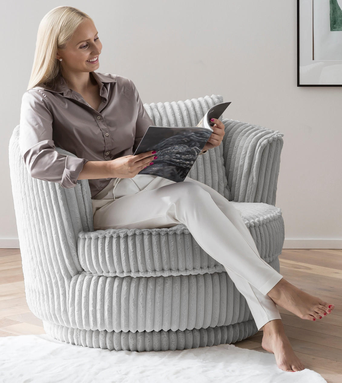 BIG-SESSEL Mega Cord hell grau Ø 95 cm 360° drehbar, inklusive Kissen - Hellgrau, Holz/Kunststoff (95/77/95cm) - Furn.Design