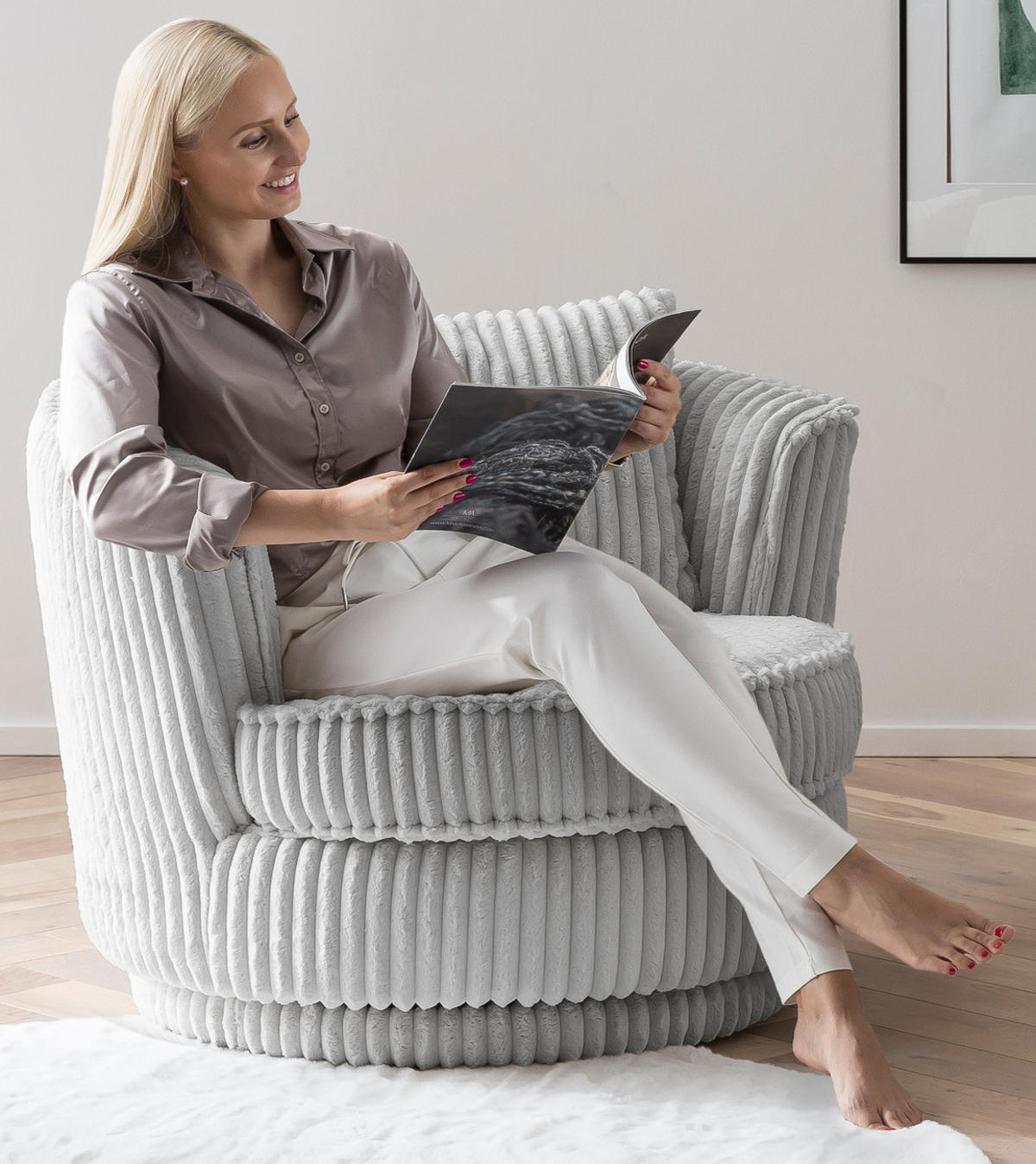 BIG-SESSEL Mega Cord hell grau Ø 95 cm 360° drehbar, inklusive Kissen - Hellgrau, Holz/Kunststoff (95/77/95cm) - Furn.Design