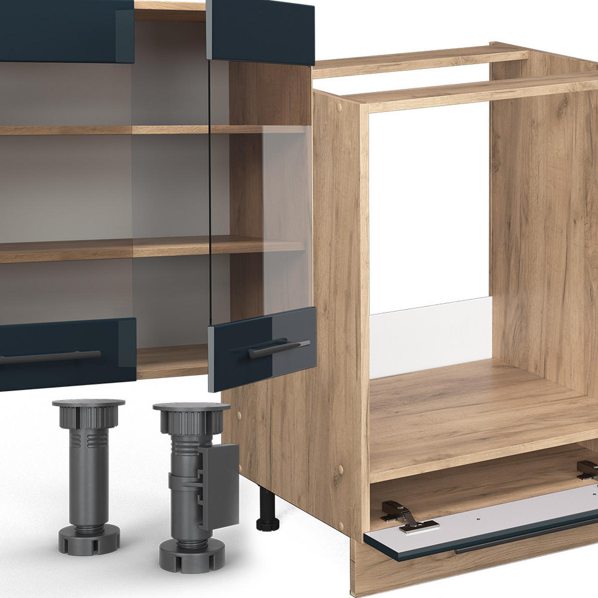 KÜCHENZEILE Fame-Line Dunkelblau Hochglanz/Goldkraft Eiche 300 cm AP Marmor - Eiche Wotan/Dunkelblau, Holzwerkstoff (300/81.6/60cm) - Vicco