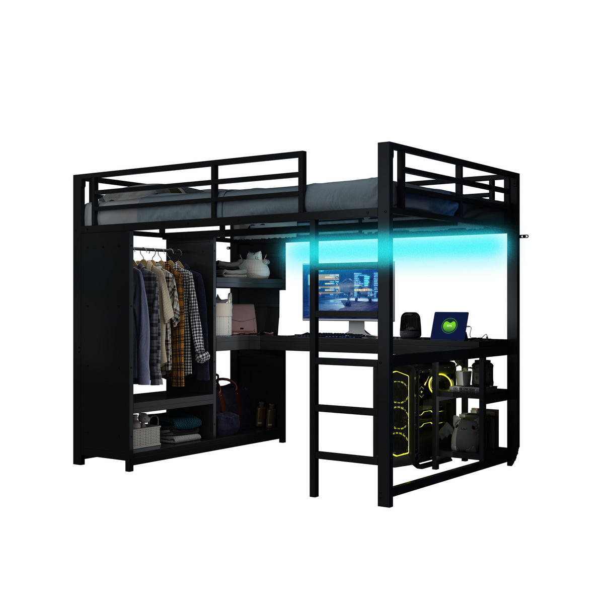 HOCHBETT 140/200 cm aus Metall mit Schreibtisch, LED-Beleuchtung und offenem Kleiderschrank Schwarz - Schwarz, Metall (140/200cm) - Modenvie