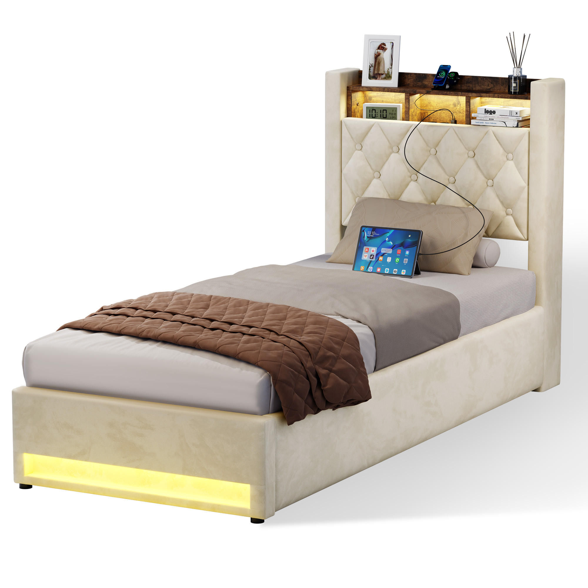 POLSTERBETT 90/190 cm Beige mit LED-Lichtleiste und USB-Anschlüssen - Beige, Holzwerkstoff (90/190cm) - OKWISH