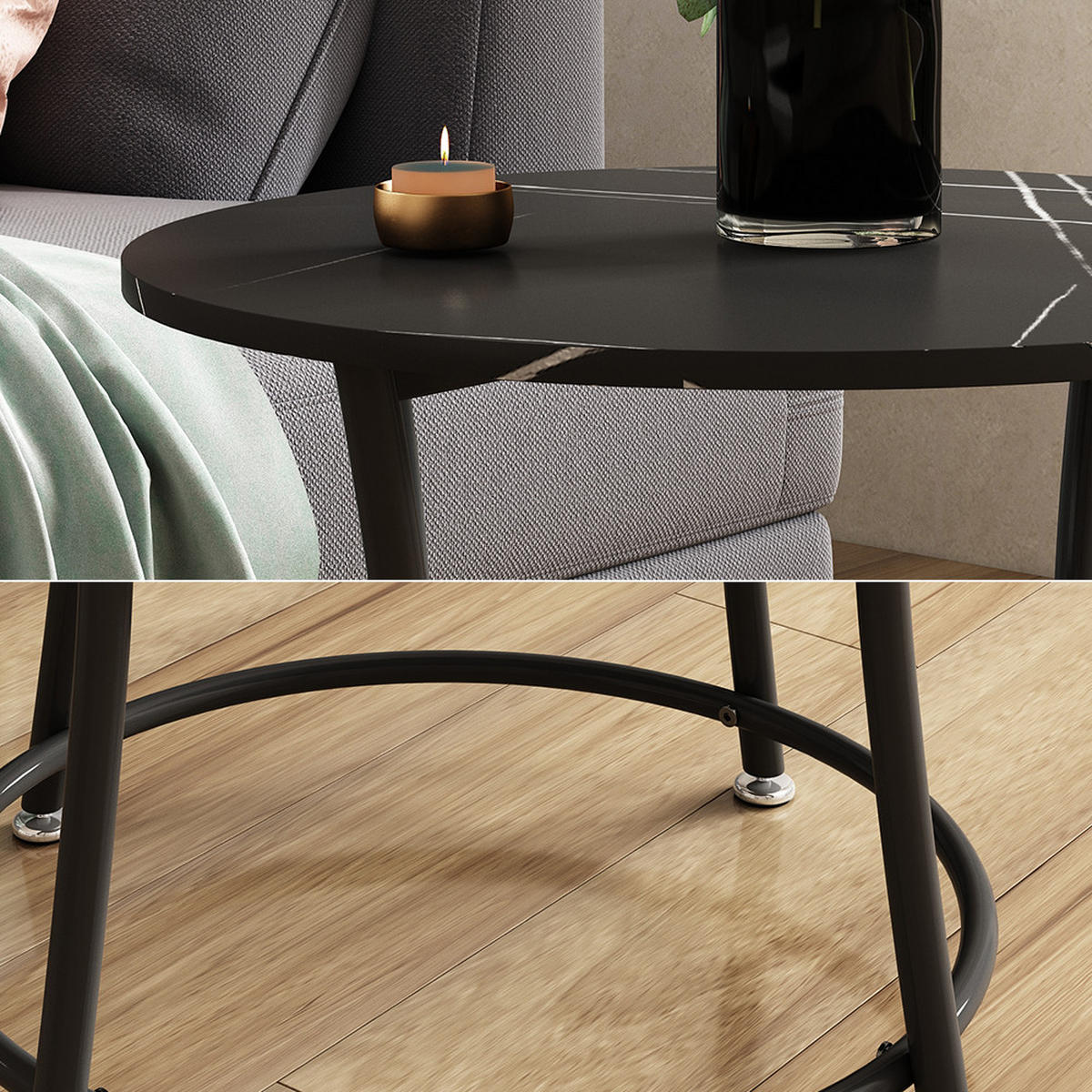 COUCHTISCH Quebec Marmor 50 x 50 cm mit Ablage - Weiß Hochglanz/Schwarz, Holzwerkstoff (50/50/55cm) - Vicco