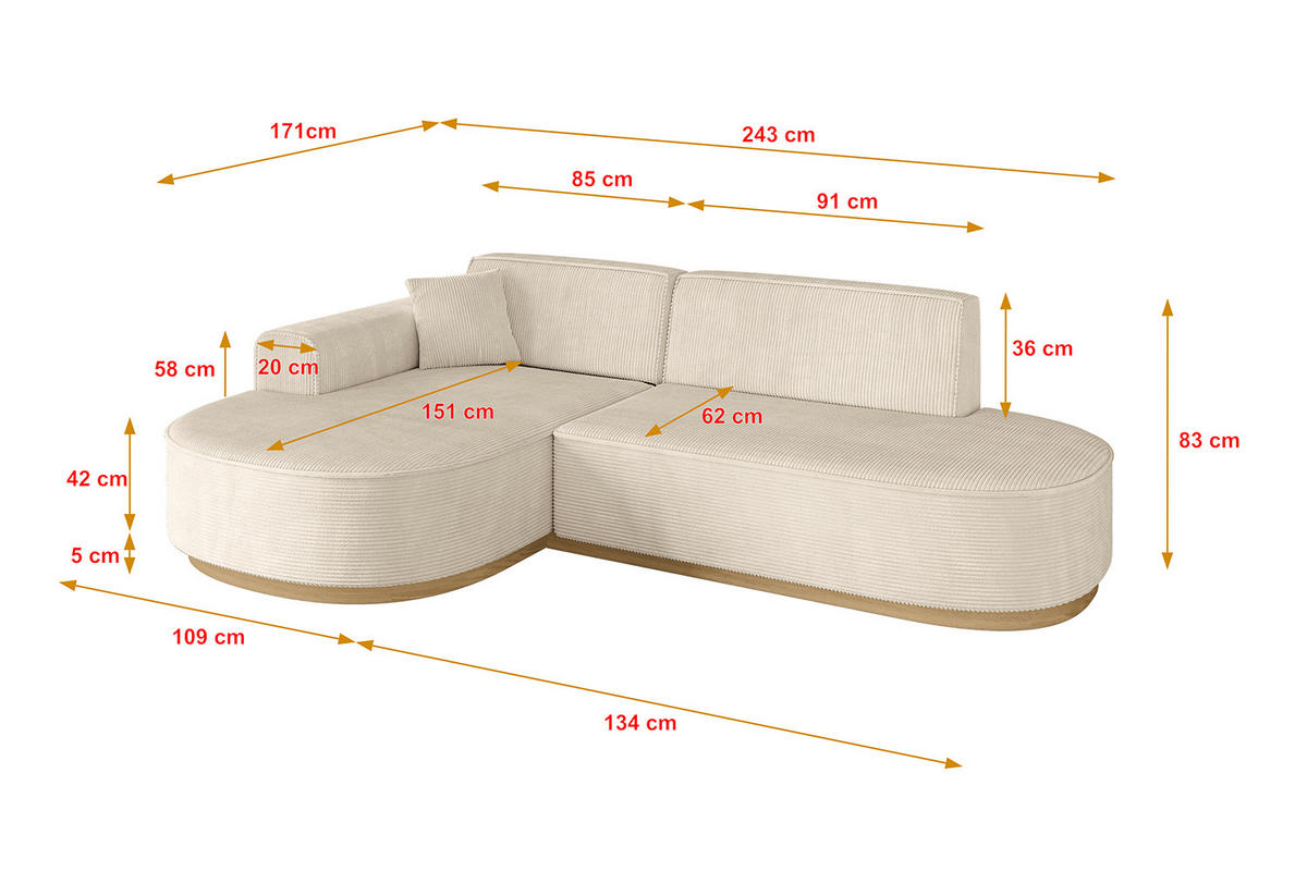 ECKSOFA Ottomane Links MARI-L1-v2 - 243x171x83 cm Beige Cord - Beige, Holzwerkstoff/Textil (243/171cm) - ALTDECOR