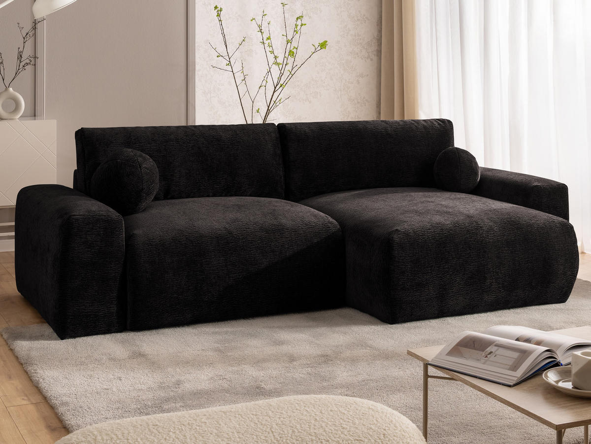 ECKSOFA Puffy mit Schlaffunktion und Bettkasten - besonders weich und puffig aus Braun Stoff mit Chenillestruktur - Ottomane rechts - Schwarz/Braun, Holz/Kunststoff (266/138cm) - S-Style Möbel
