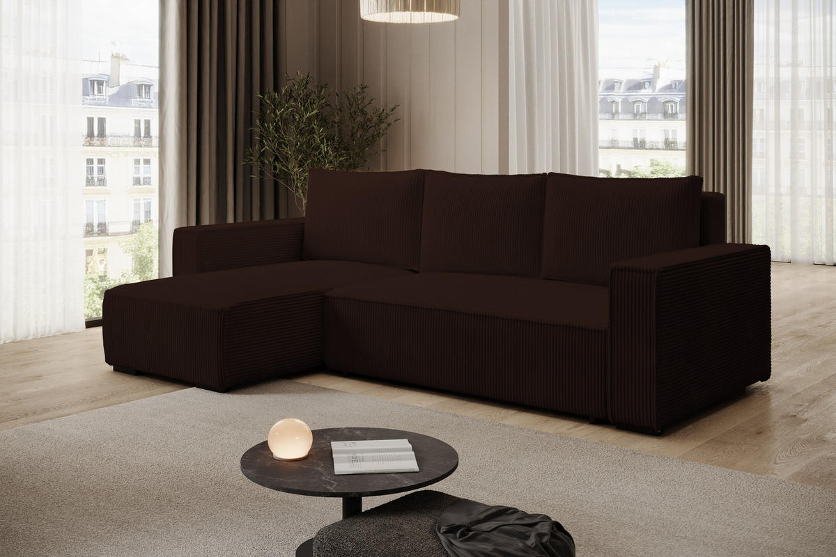 ECKSOFA CUDDY L, Eckcouch in L-Form mit Schlaffunktion und Bettkasten, Farbe: Dunkelbraun, Cordstoff, Ottomane Links - Dunkelbraun, Textil (240/140cm) - Storez24