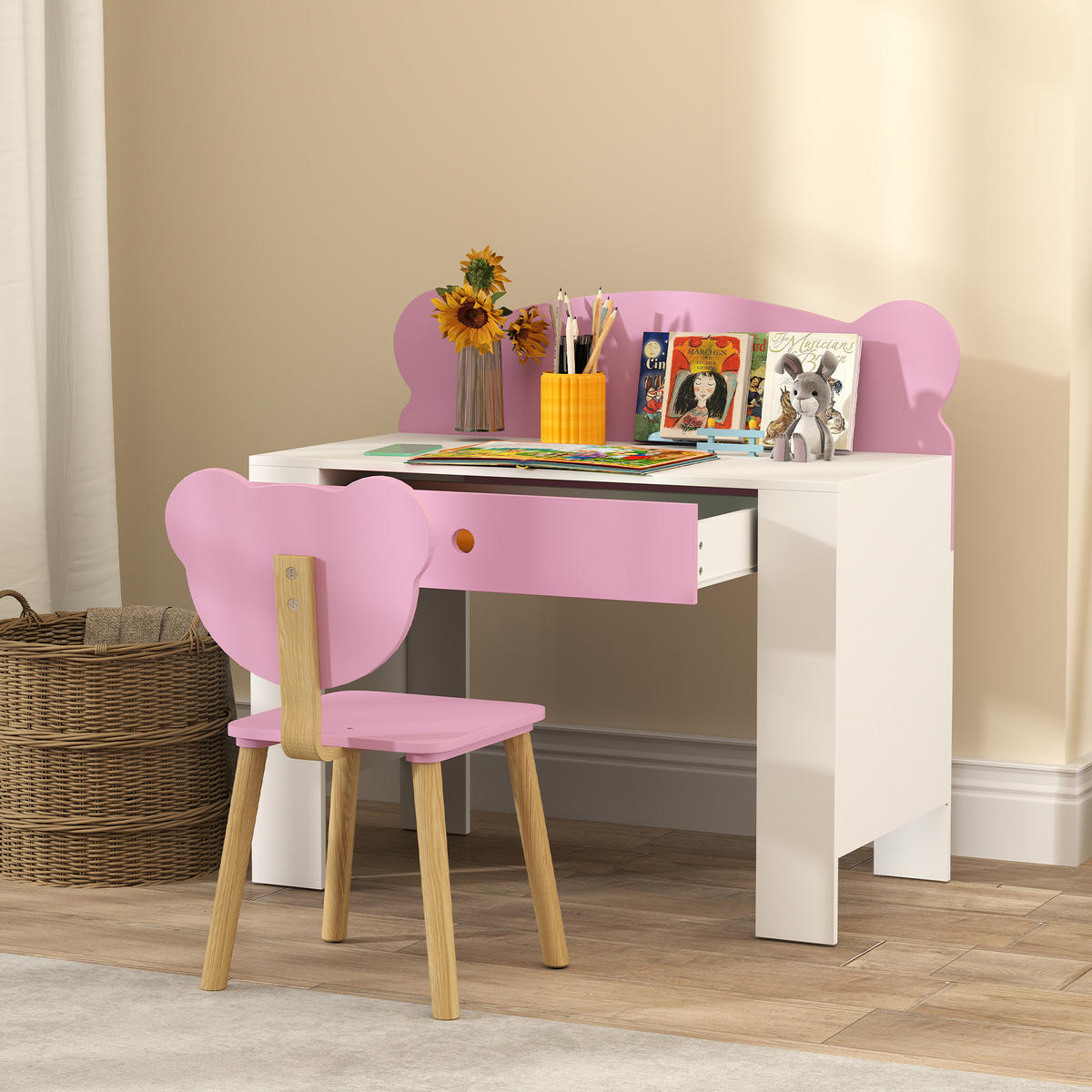 KINDERSCHREIBTISCH Set mit Tischplatte & Schublade Kinder Schreibtisch und Stuhl - Rosa, Holz (41/74.5/80cm) - AIYAPLAY