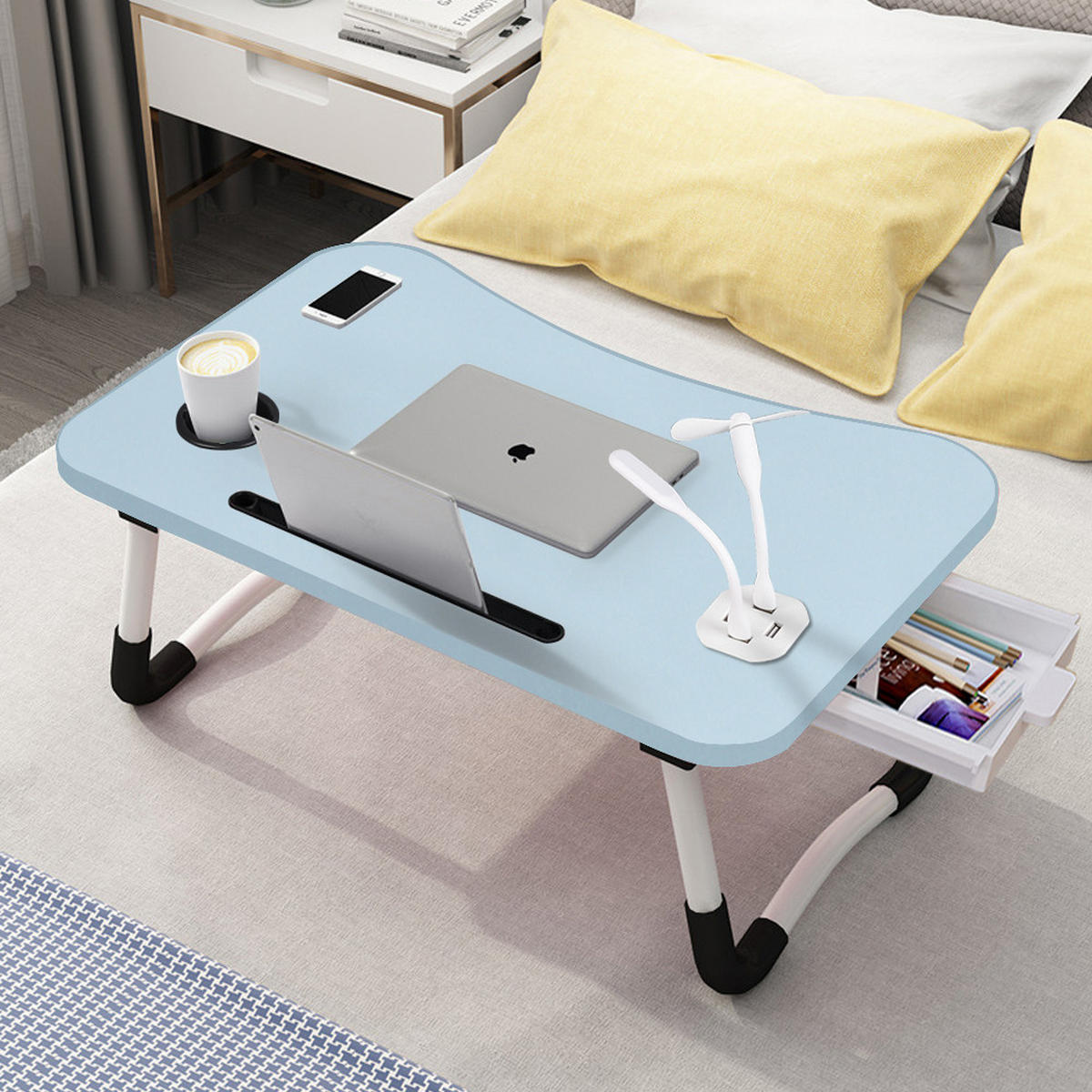 LAPTOPTISCH mit USB-Anschlüssen aus MDF und Eisen in Hellblau Klappbarer für Bett und Couch 60 x 40 x 28cm - Blau, Metall (40/60/28cm) - Livingandhome