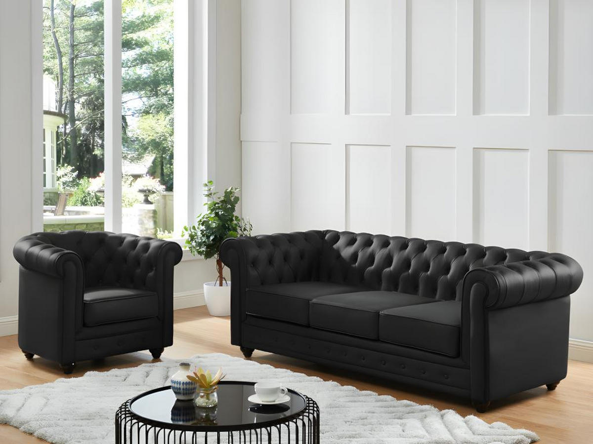 LEDERSOFA 3-Sitzer - Büffelleder - Schwarz - CHESTERFIELD - Schwarz, Leder (88/72/205cm) - Vente-Unique