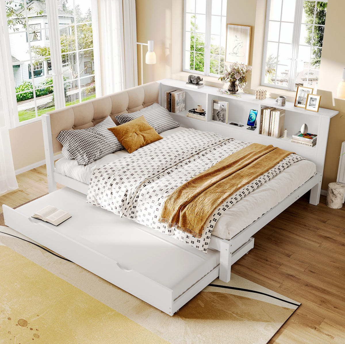 TAGESBETT 140/200 cm Weiß aus Kiefernholz und MDF mit Ausziehbett, Regal, USB-Anschluss und LED-Leiste - Weiß, Holz (140/200cm) - OKMYHOME
