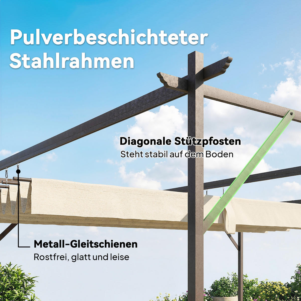 PERGOLA Stahl Polyester Cremeweiß - Creme/Braun, Textil/Metall (297/225/396cm) - Outsunny
