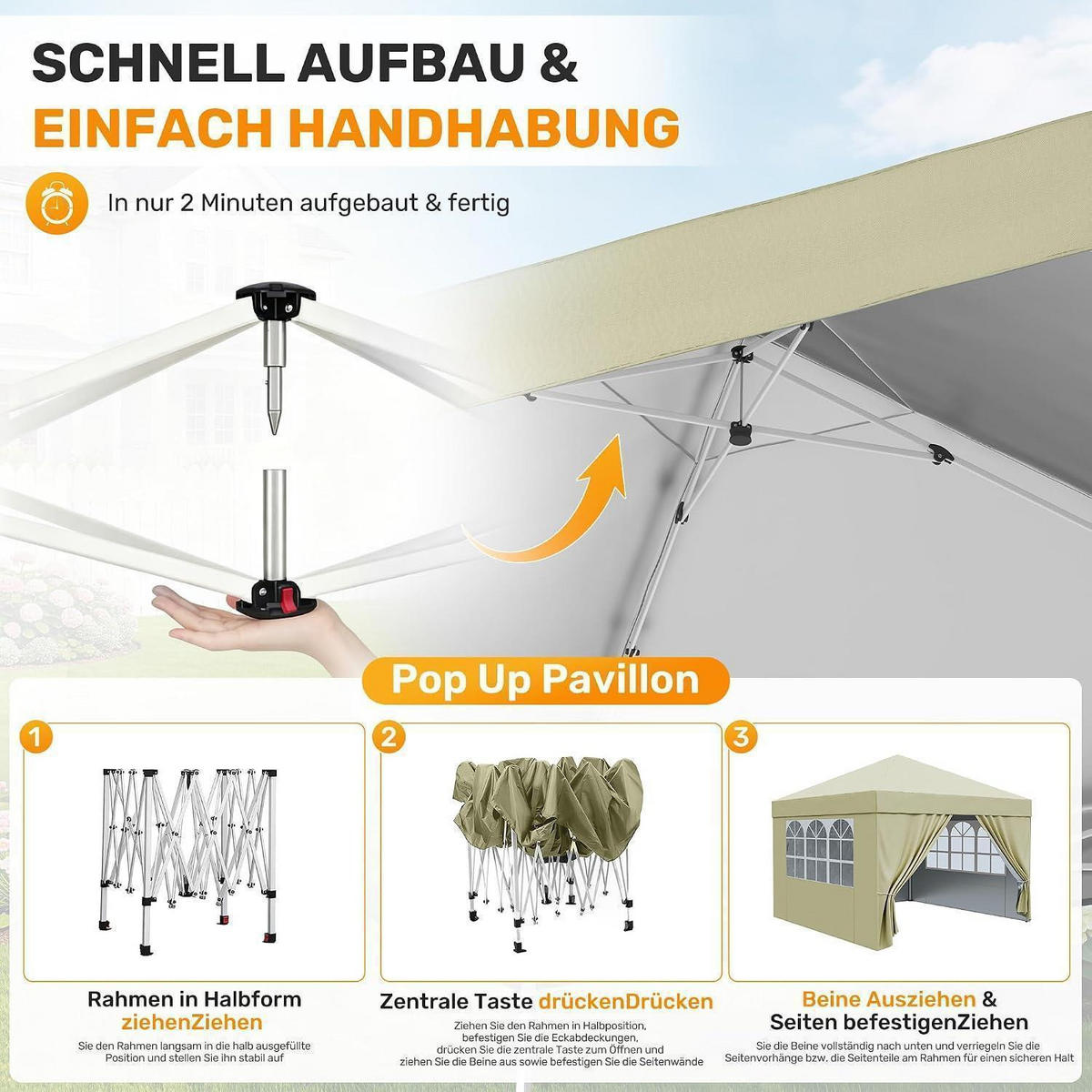 GARTENPAVILLON 3x3m Wasserdicht UV-Schutz 50+ Beige mit 4 Seitenteilen - Beige, Textil (300/265/300cm)