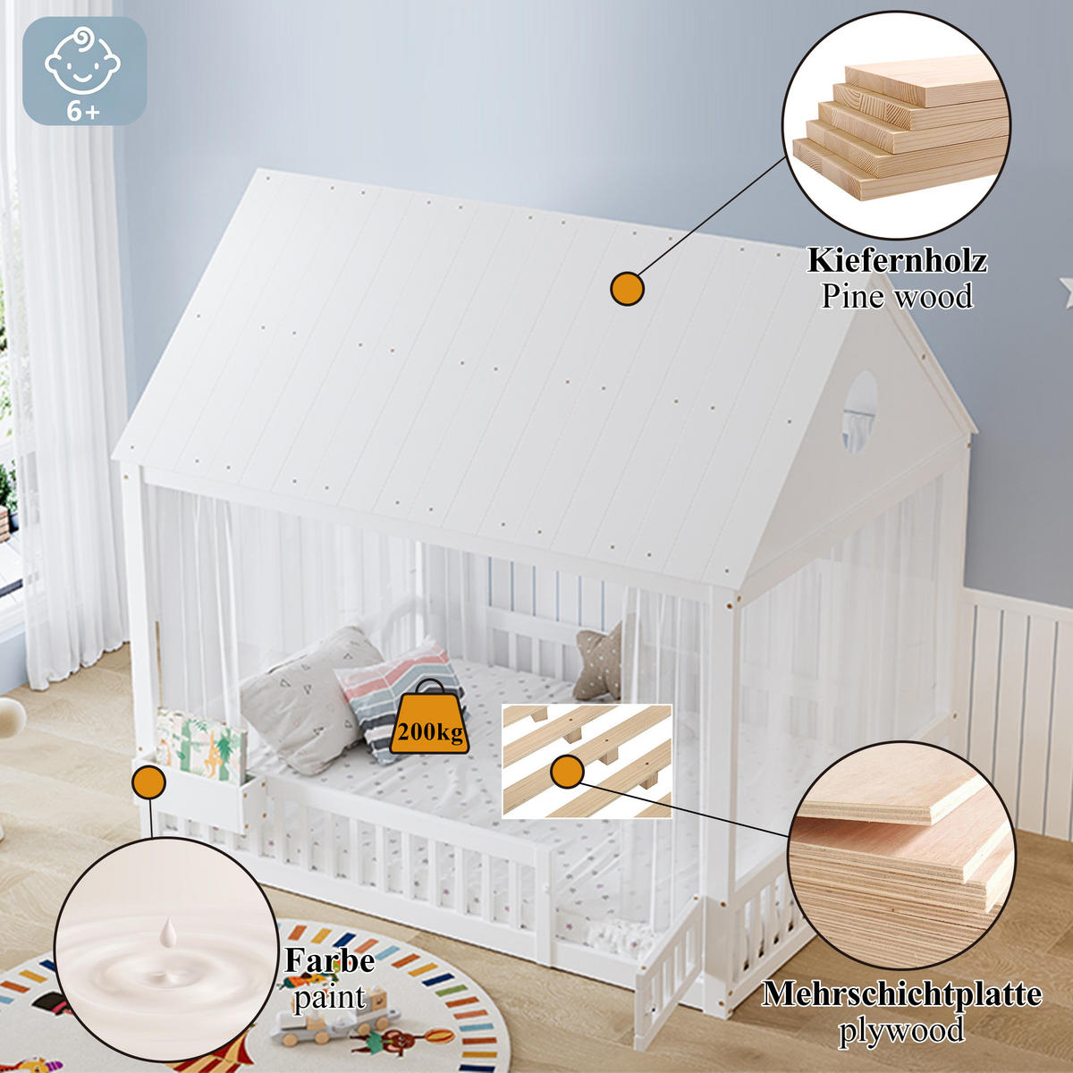 KINDERBETT 140x200 cm Hausdesign Vorhang - Weiß, Holz (140/200cm) - LEBENLANG