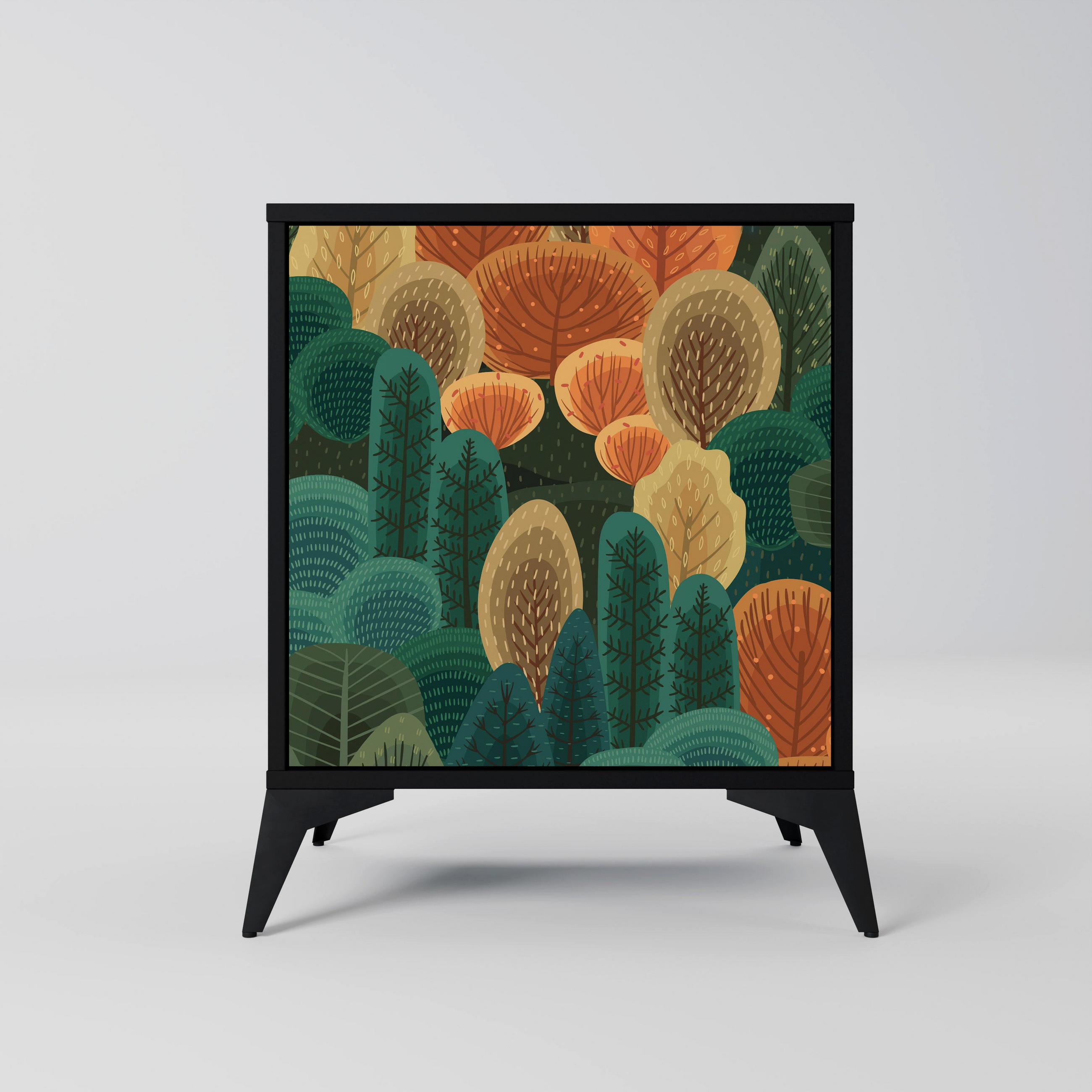 SIDEBOARD AUTUMN KALEIDOSCOPE, Schwarz, 57,5x42x70,5 cm, Schwarze Metall-Sternfüße - Multicolor/Schwarz, Holzwerkstoff/Metall (57.5/70.5/42cm) - SpaceRebels