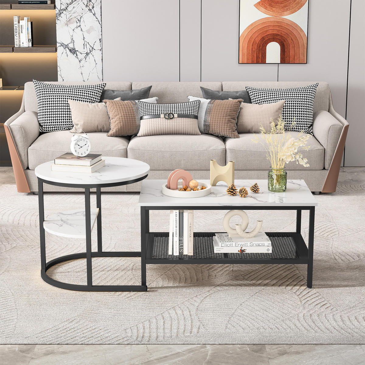 COUCHTISCH-SET DE-37265 2-in-1 rund mit Marmorplatte Schwarz - Schwarz, Metall (105/50/51cm) - ComfortXL