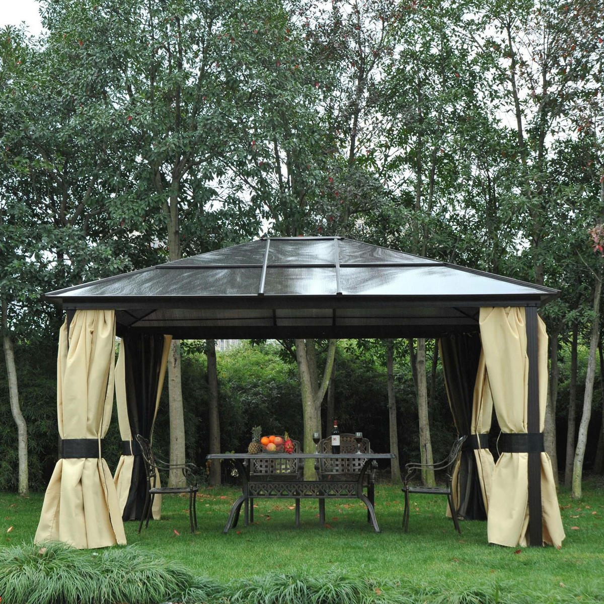 OUTSUNNY Luxus Alu Pavillon Gartenzelt mit lichtdurchlässig Dach Schwarz - Schwarz, Kunststoff (360/275/420cm) - Outsunny